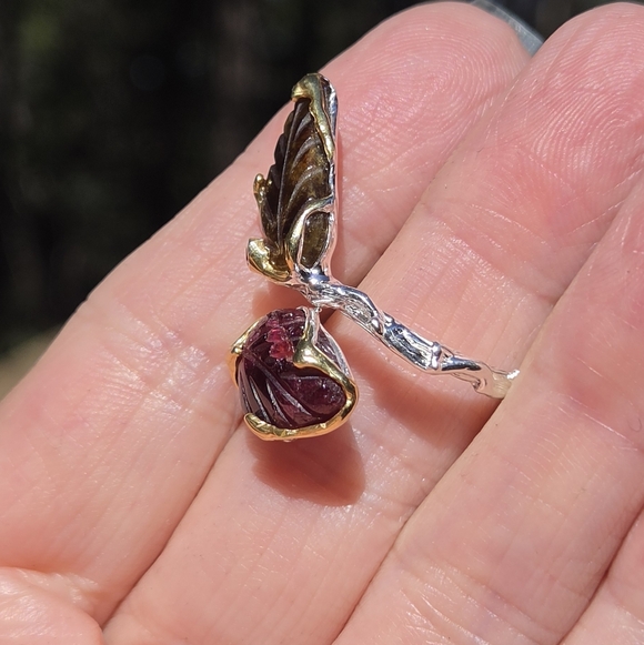 Tourmaline 16k & Rhodalite & Citrine Sterling & Gold Wrap Ring Sz9 Adjustable - Picture 7 of 9